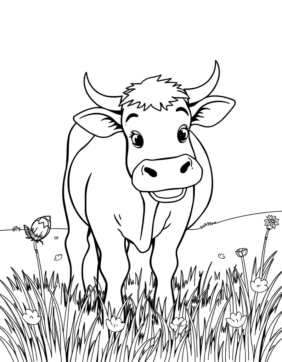 a happy cow grazing in a field coloring page