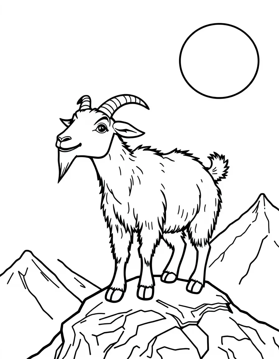 a playful goat on a mountain coloring page