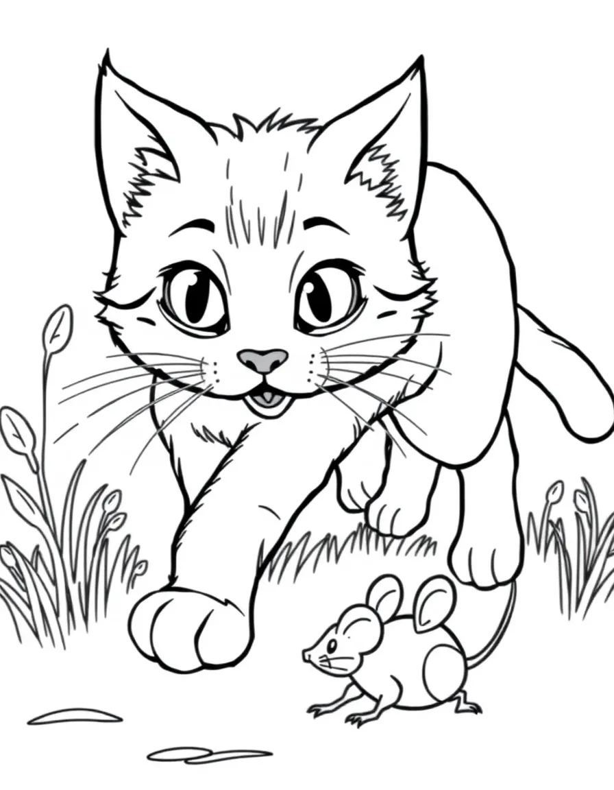 a curious cat chasing a mouse coloring page