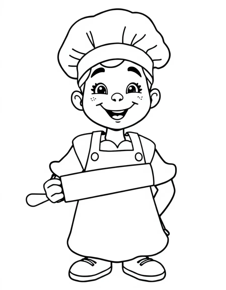 a cheerful baker with a rolling pin coloring page