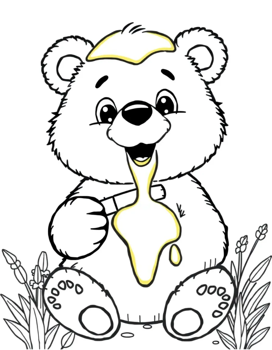 adorable cartoon bear with honey coloring page