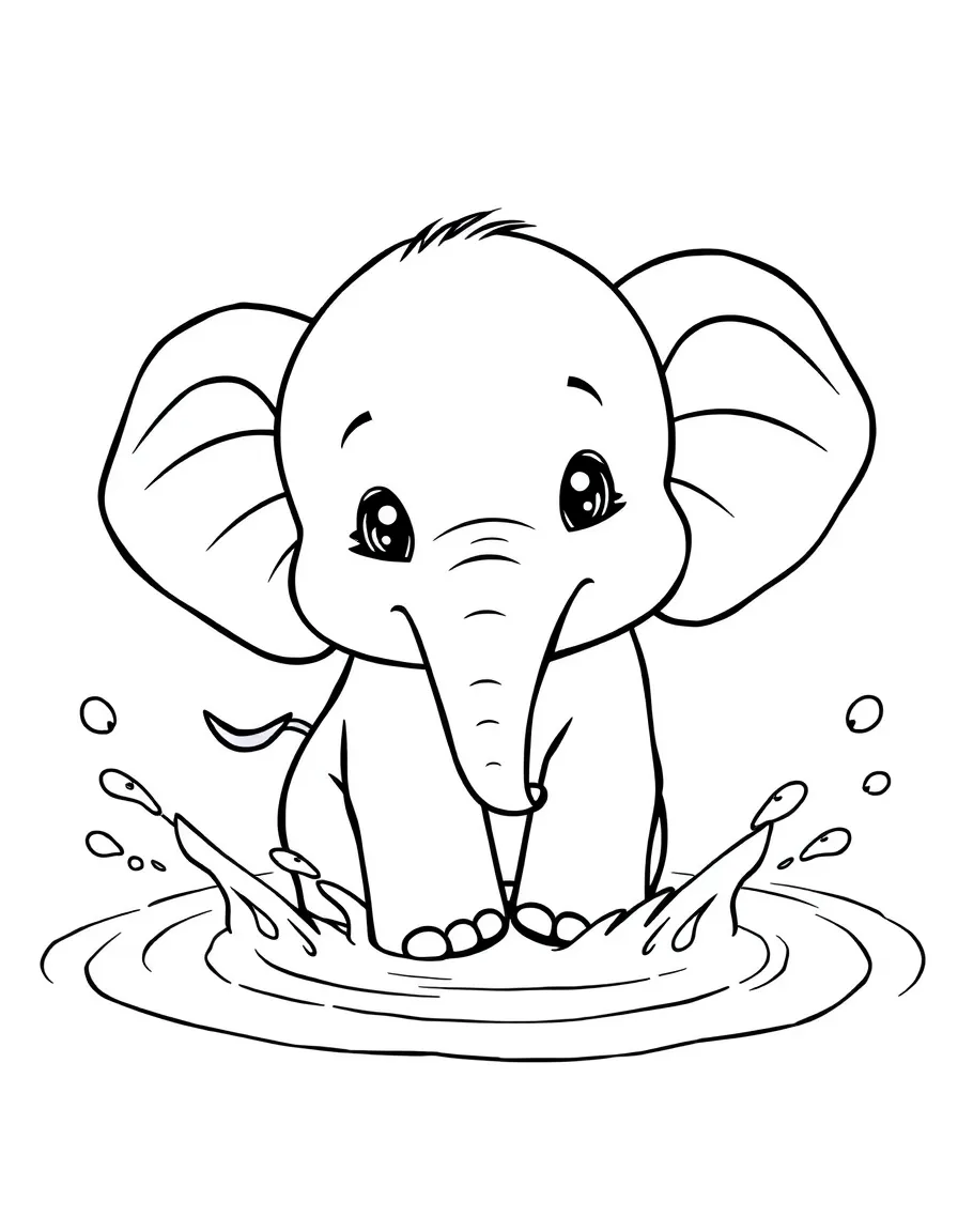 cuddly baby elephant splashing water coloring page