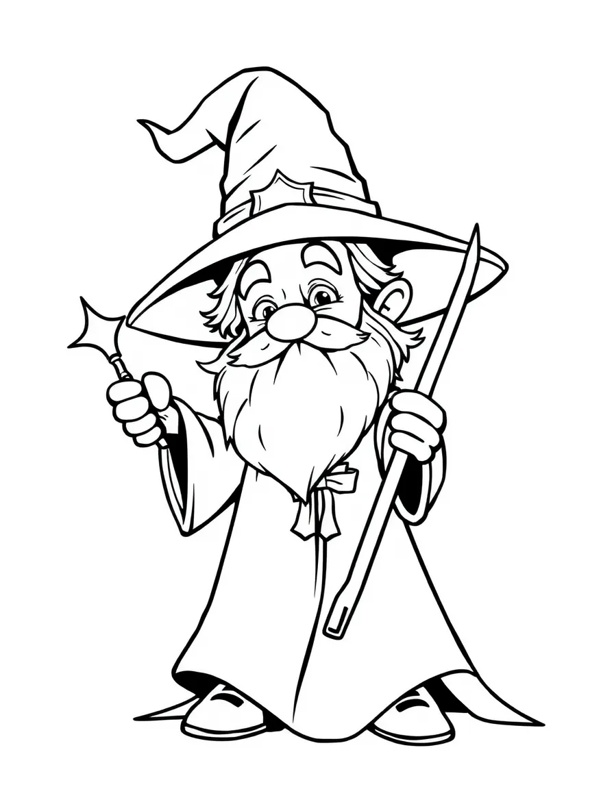 charming wizard with a wand coloring page