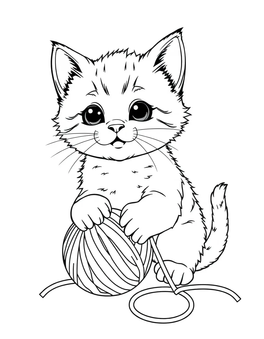 playful kitten with a ball of yarn coloring page