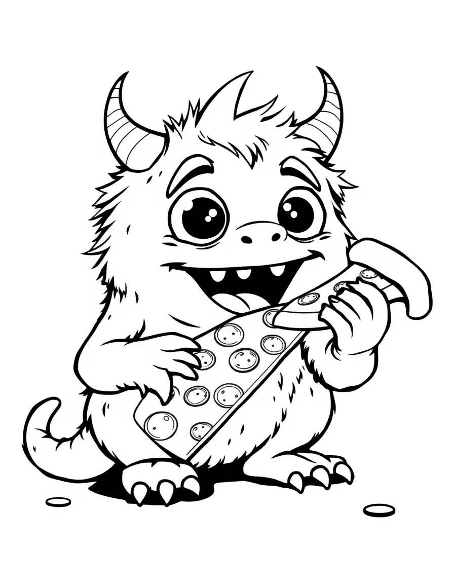 friendly monster eating pizza coloring page