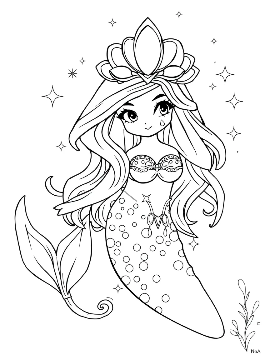 sparkly mermaid with a seashell crown coloring page