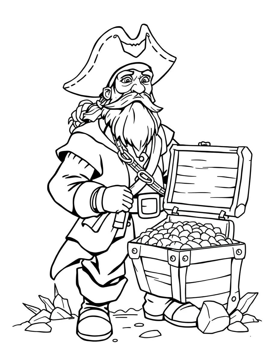 brave pirate with a treasure chest coloring page