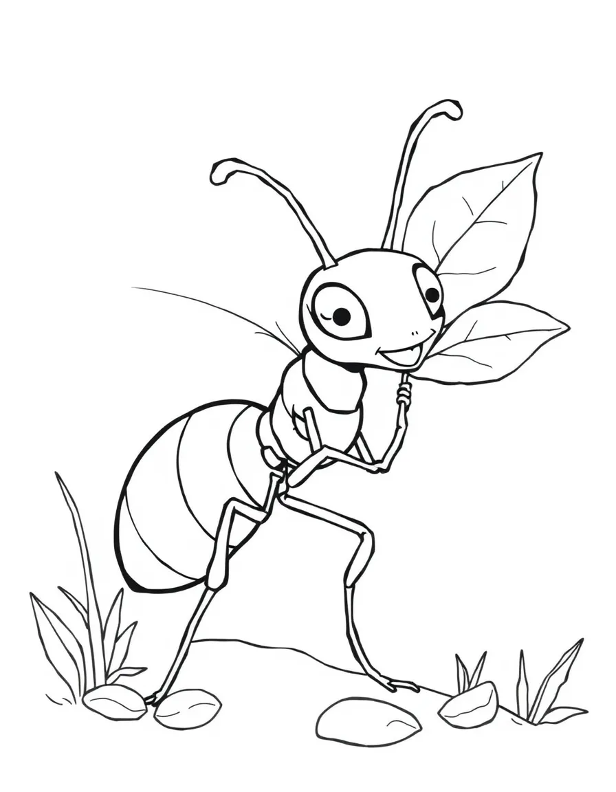 busy ant carrying a leaf coloring page