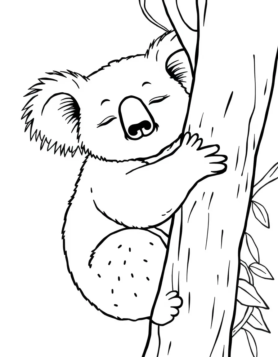 sleepy koala hugging a tree coloring page
