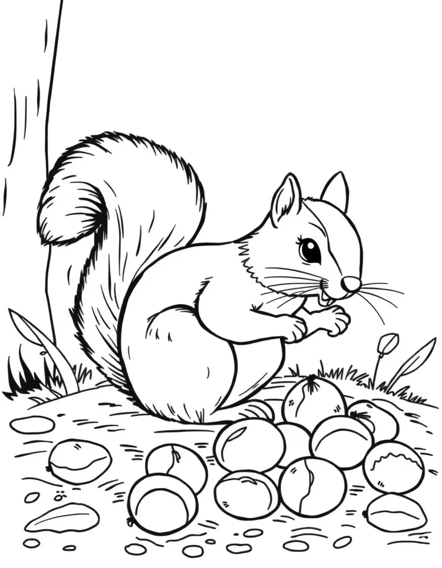 curious squirrel burying nuts coloring page