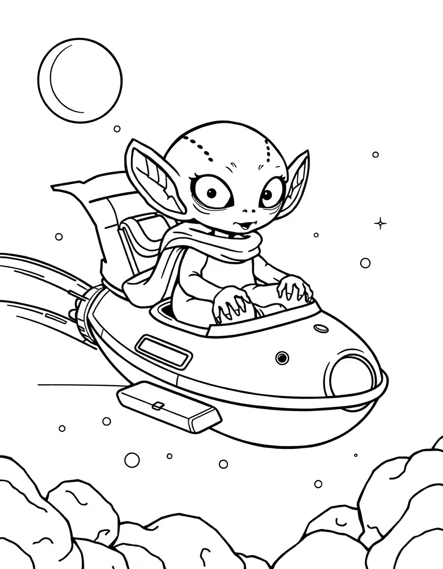 silly alien riding a spaceship coloring page