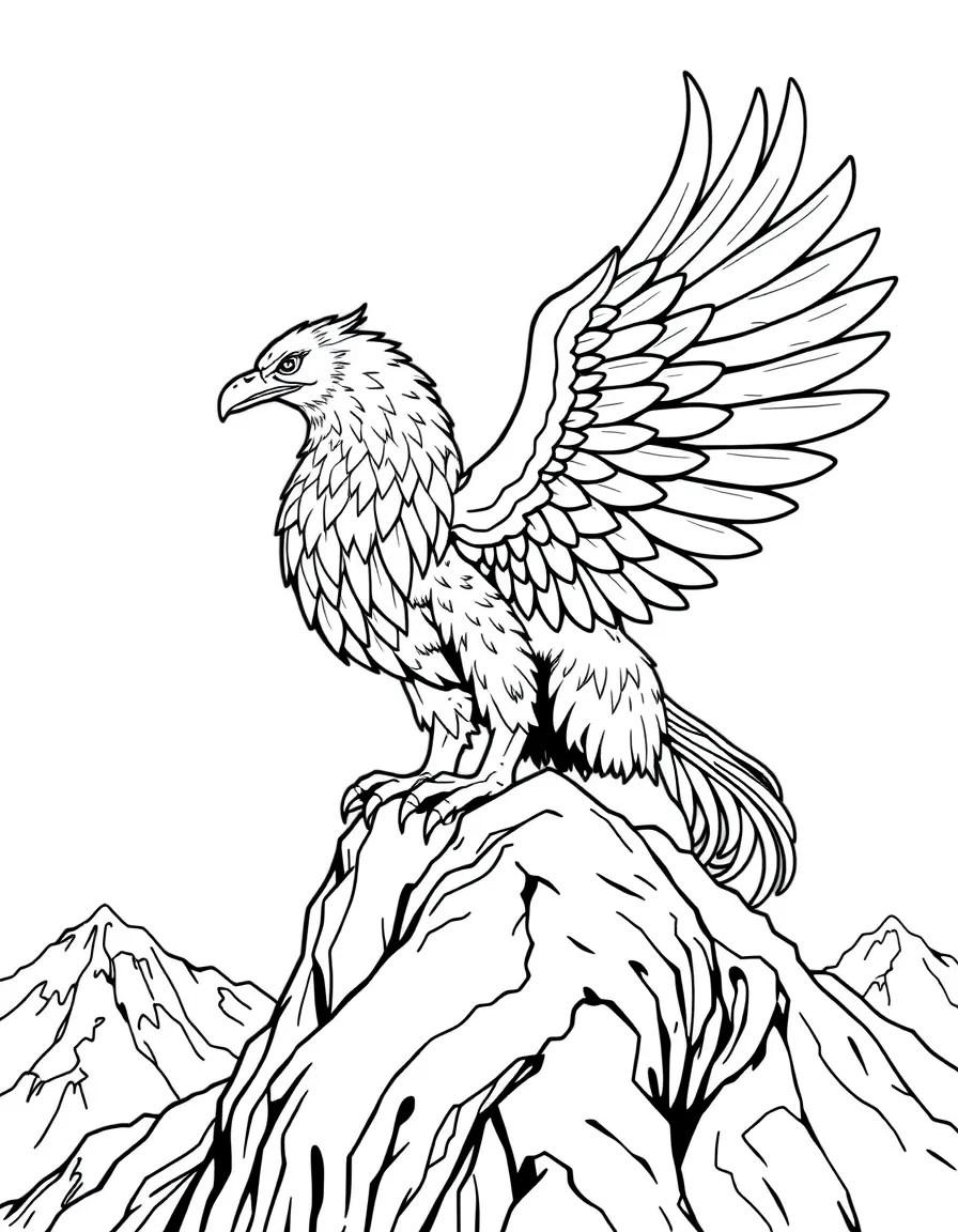 majestic griffin perched on a mountain coloring page