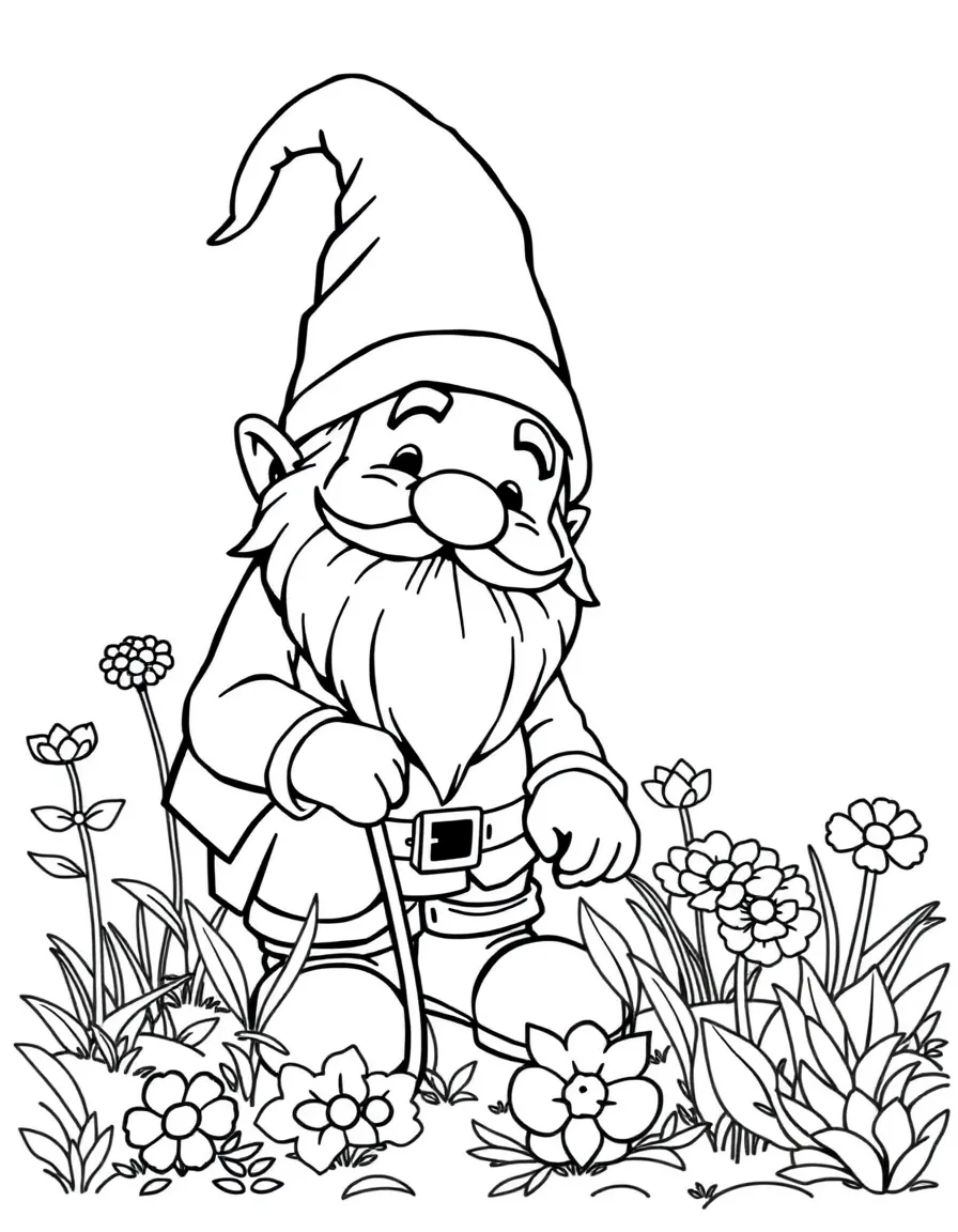 cheerful gnome tending to his garden coloring page