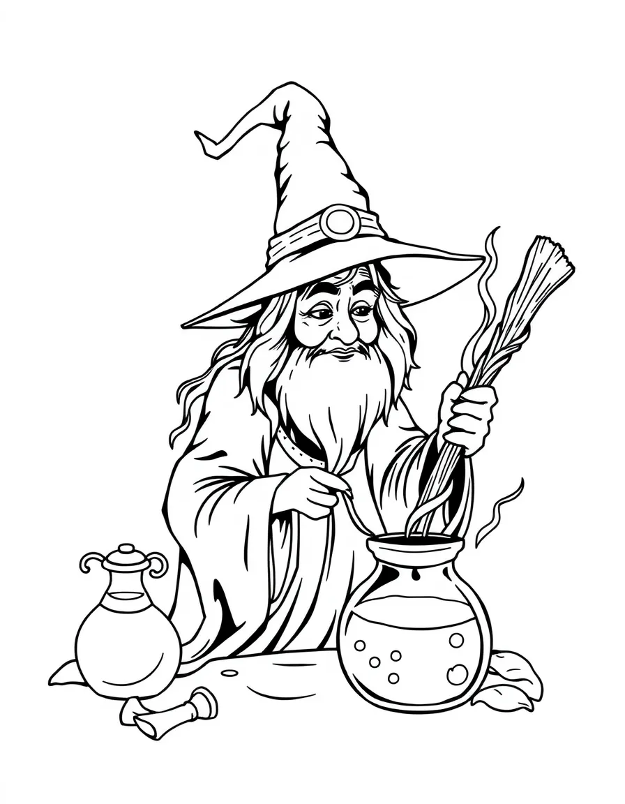 wise old witch brewing a potion coloring page