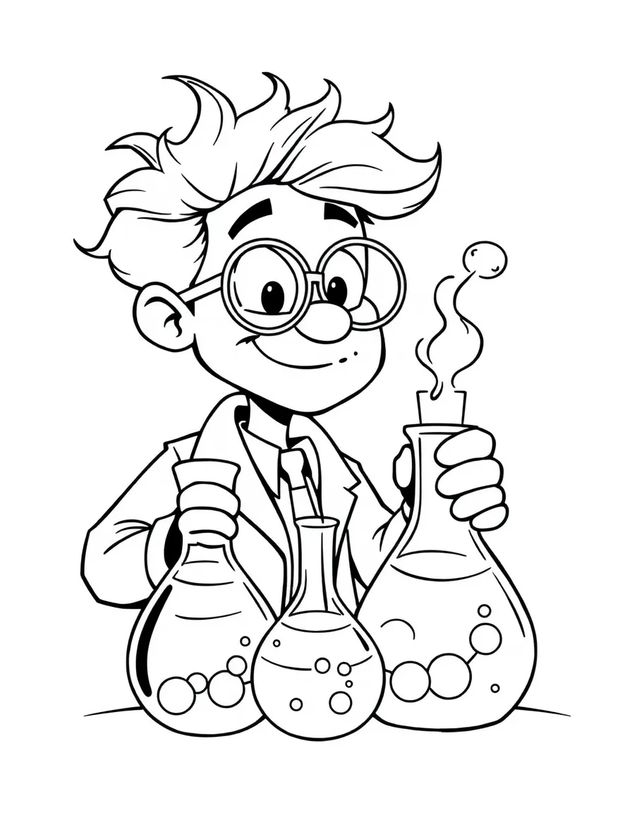 clever scientist with bubbling beakers coloring page
