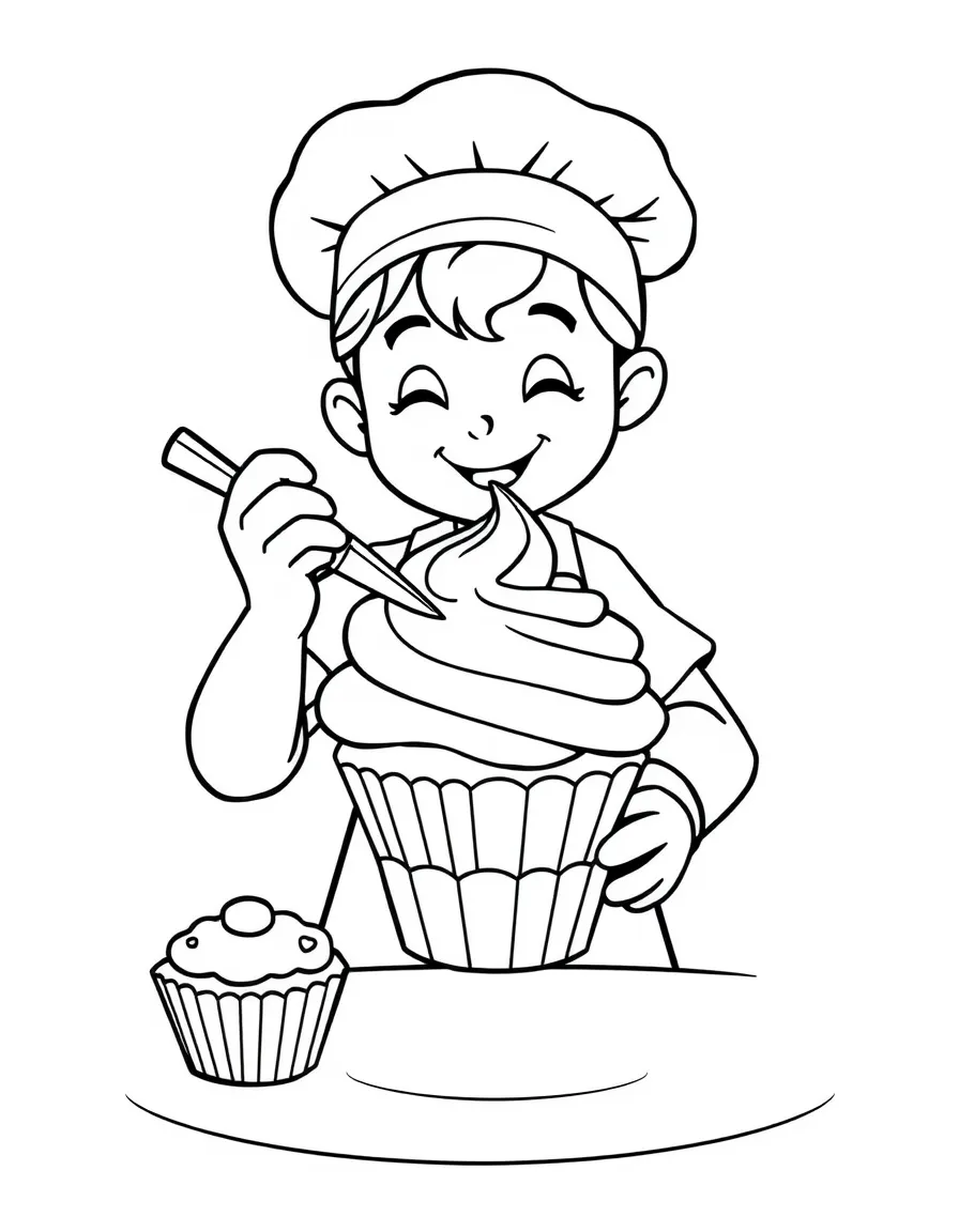 friendly baker decorating a cupcake coloring page