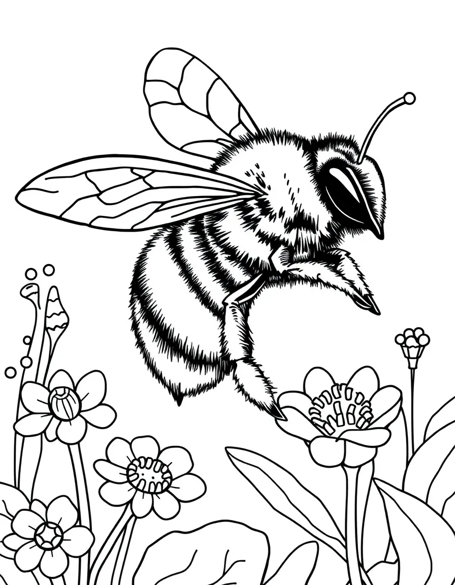 buzzing bumblebee collecting pollen coloring page