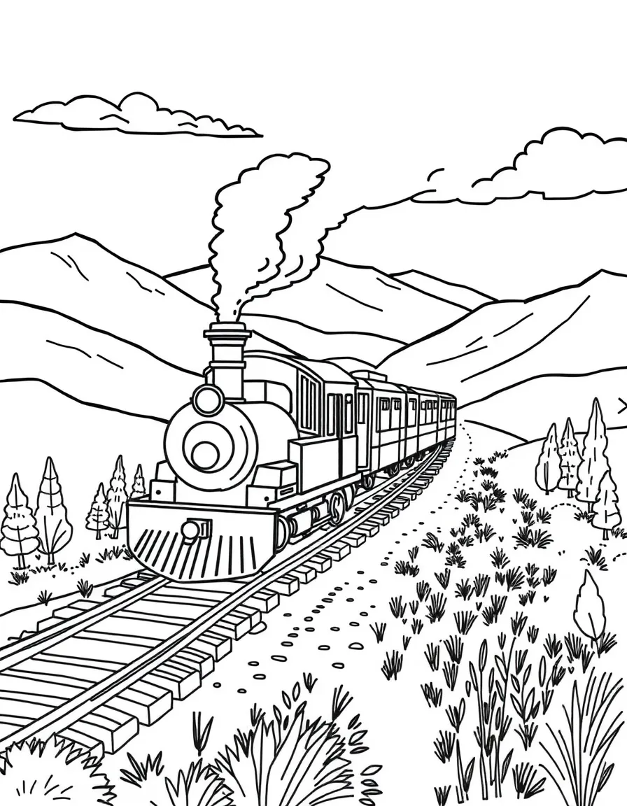 a speedy train traveling through hills coloring page