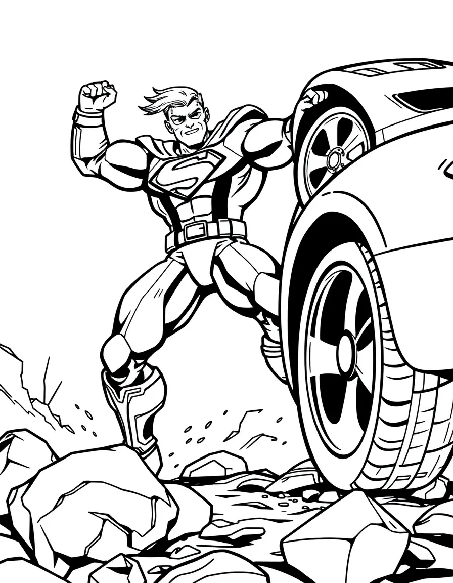 a powerful superhero lifting a car coloring page