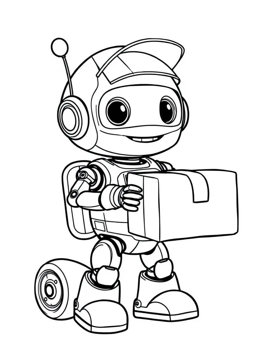 a cute robot delivering a package coloring page