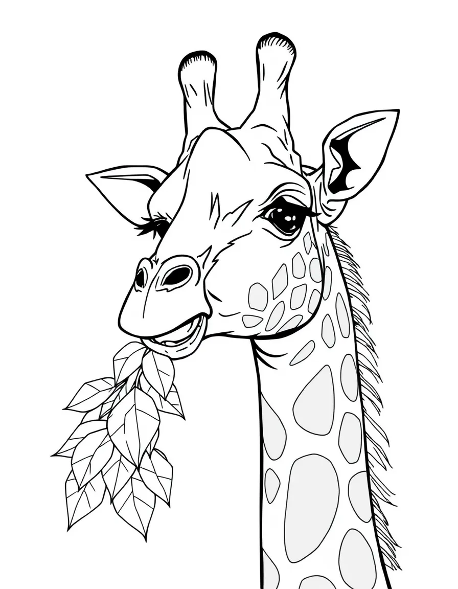 a majestic giraffe eating leaves coloring page