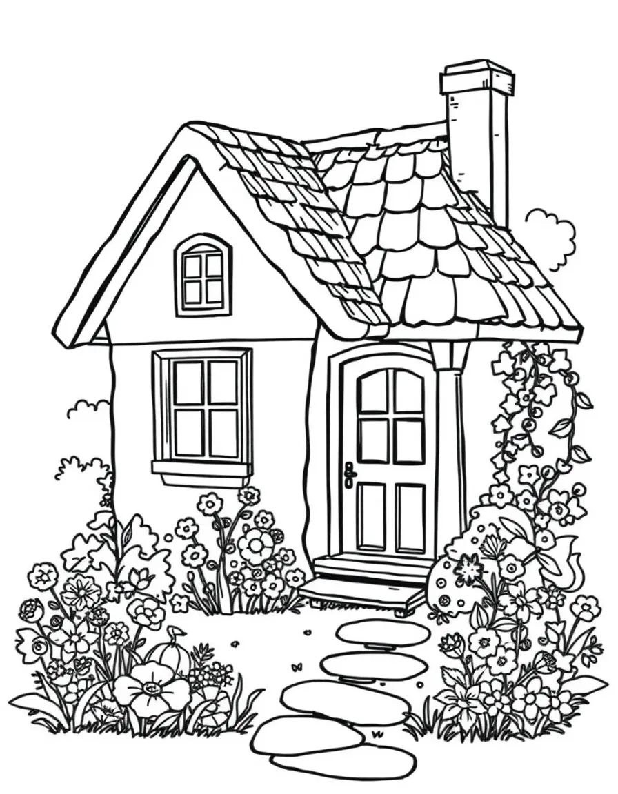 a cozy cottage with a garden coloring page