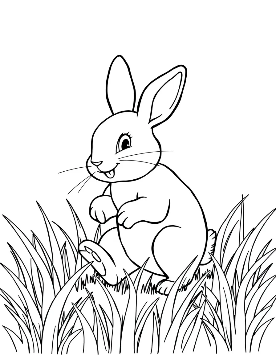 a bouncy rabbit playing in grass coloring page