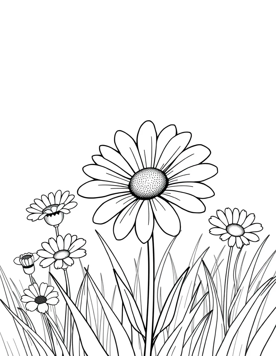 a happy daisy in a field coloring page