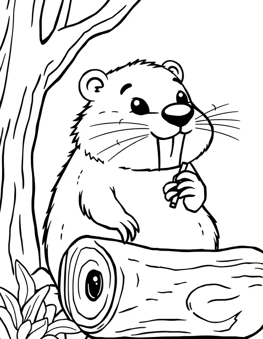 a cute beaver gnawing on a log coloring page