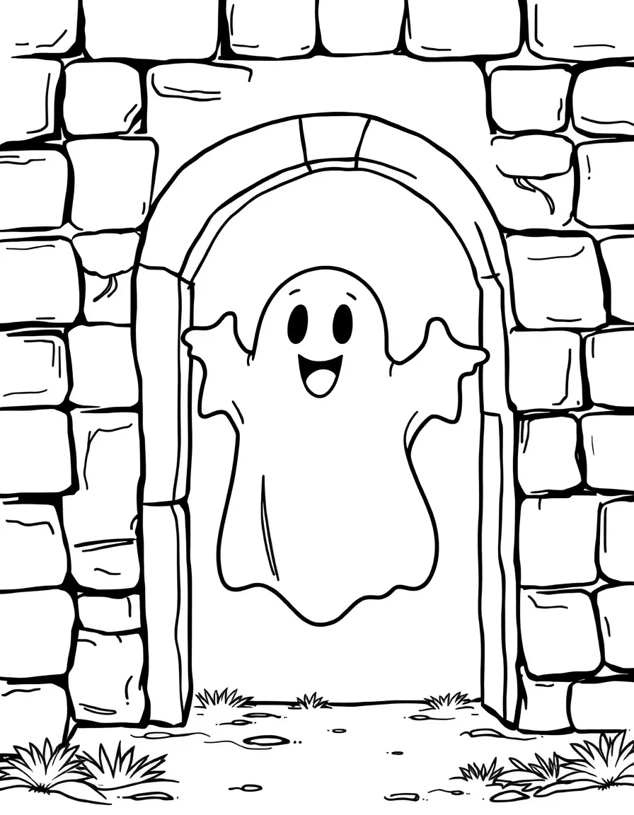 a happy ghost floating through a wall coloring page