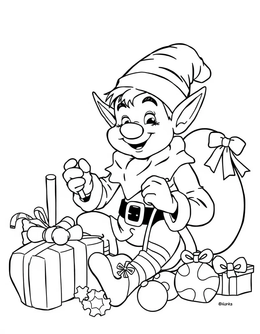 a jolly elf making toys coloring page