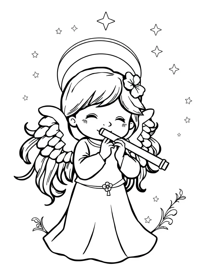a sweet angel playing a flute coloring page