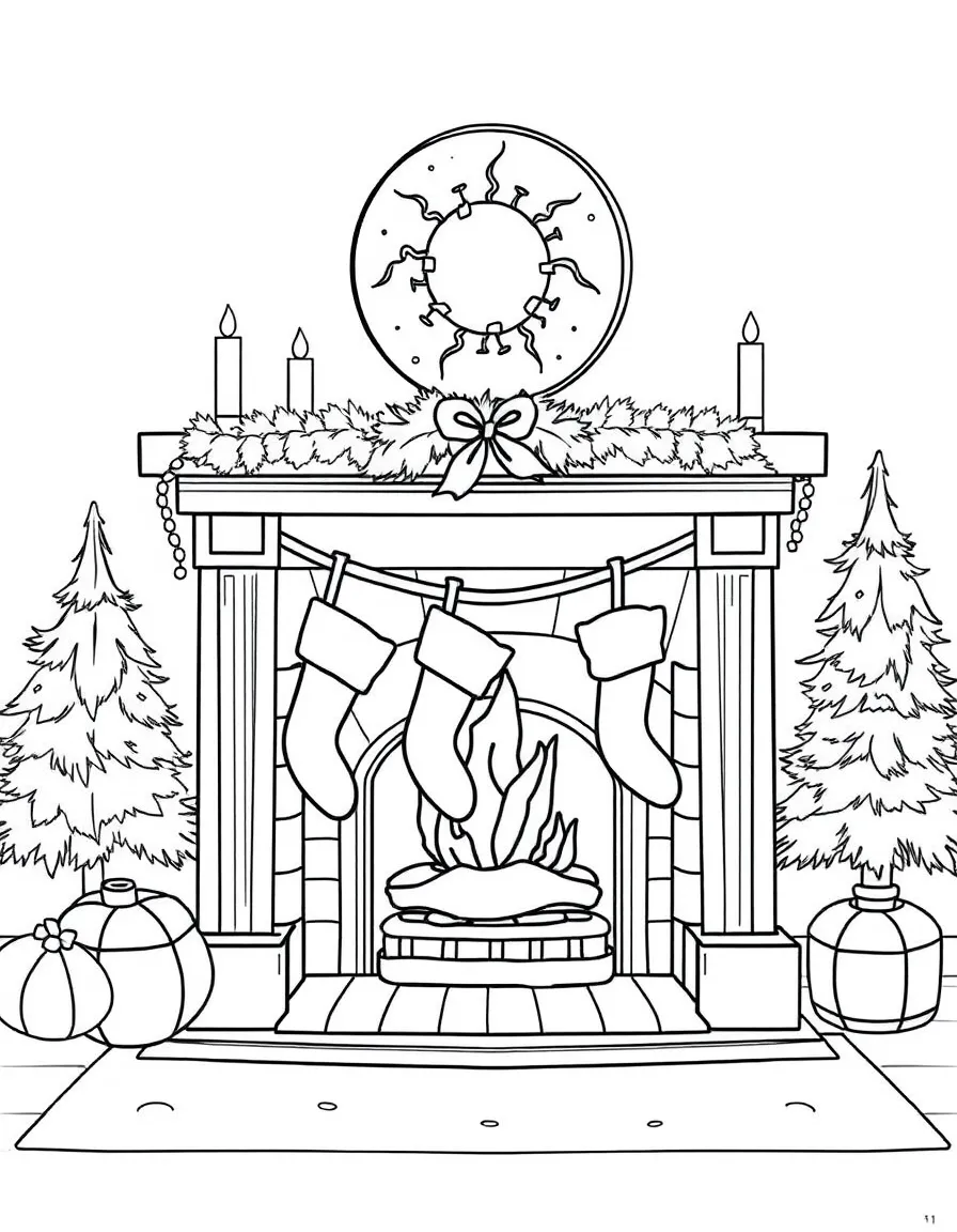 a cozy fireplace with stockings coloring page
