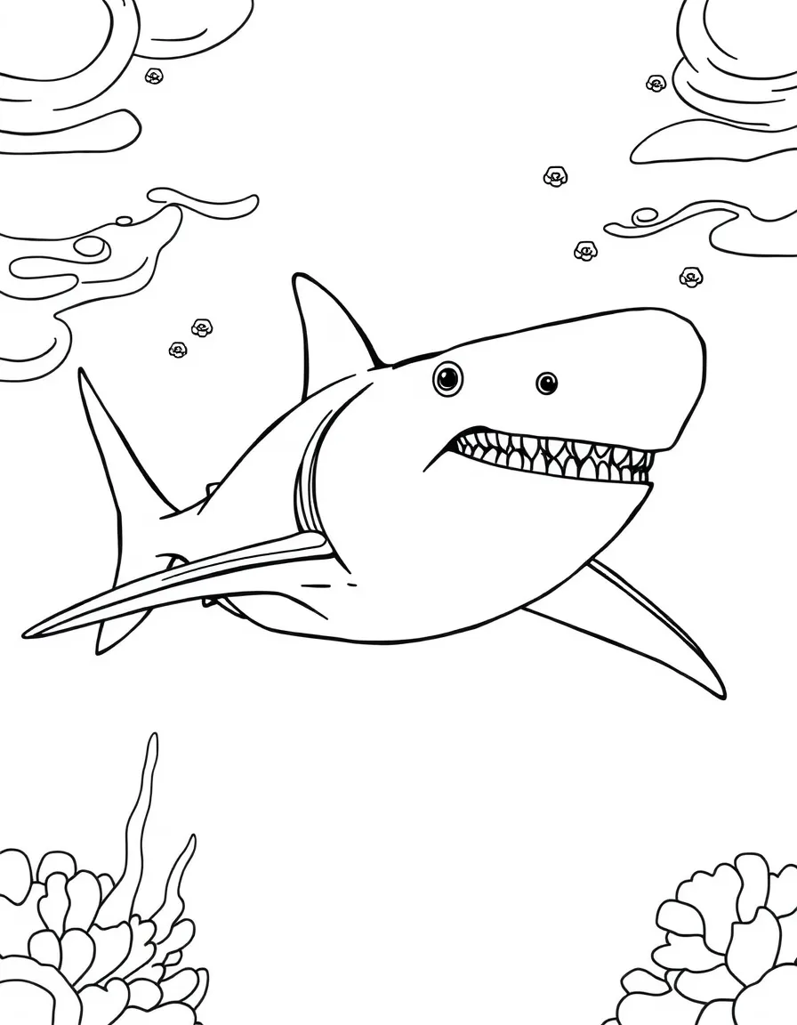 a majestic shark swimming in the ocean coloring page
