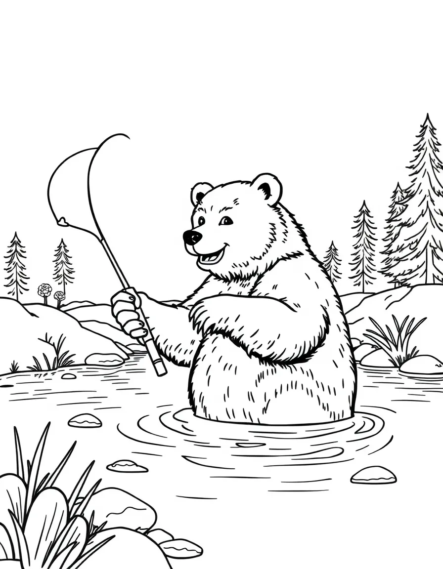 a brave bear fishing in a river coloring page