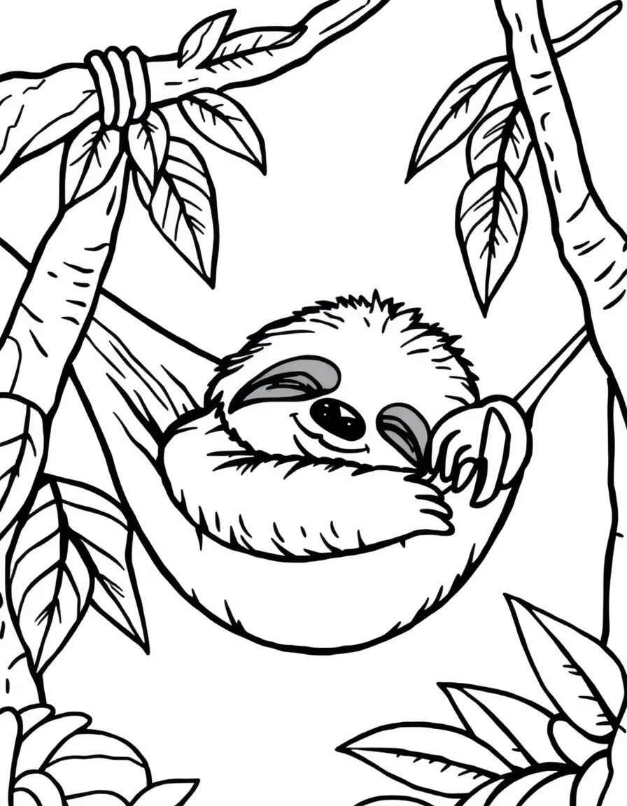 a friendly sloth sleeping in a hammock coloring page