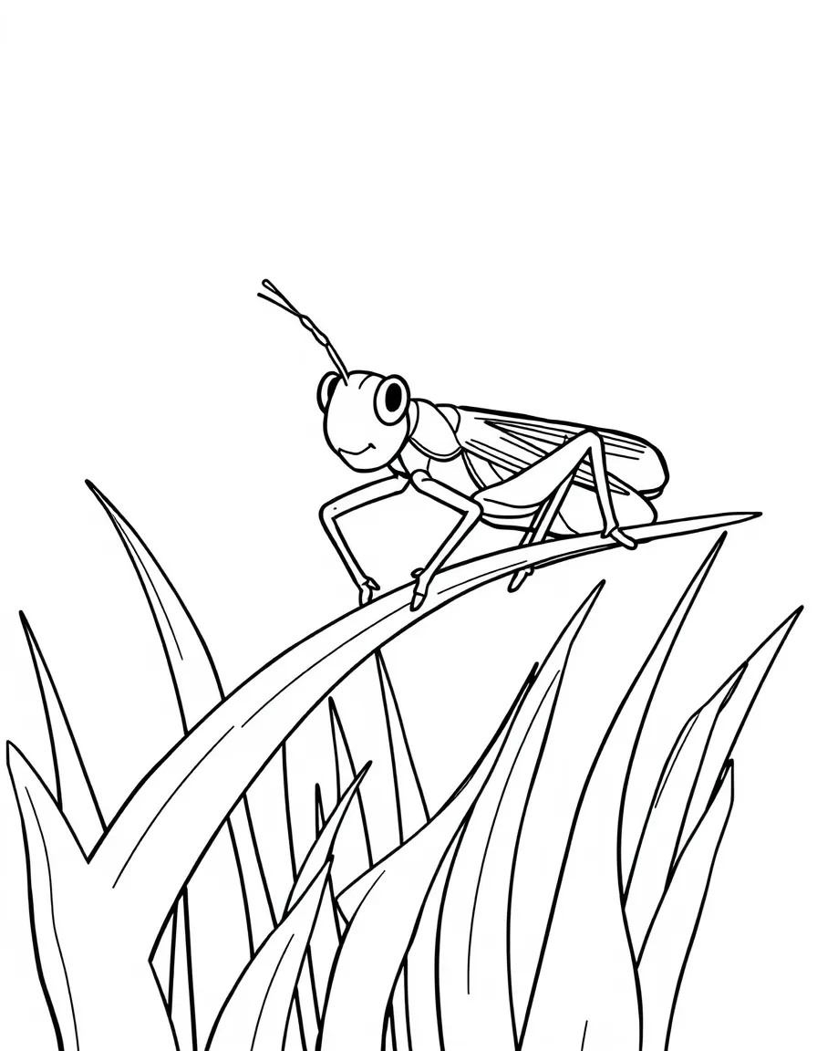 a jumping grasshopper on a blade of grass coloring page