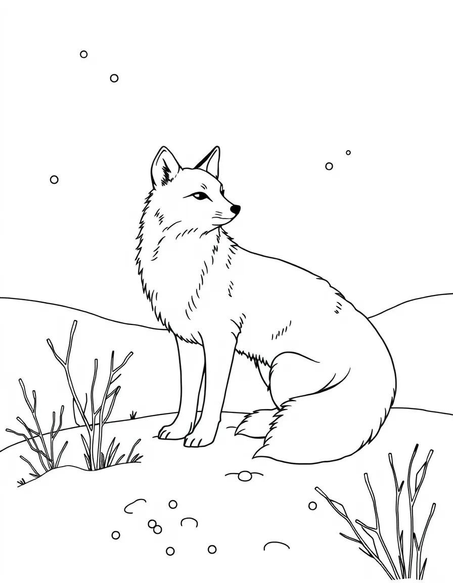 a graceful fox in a snowy landscape coloring page