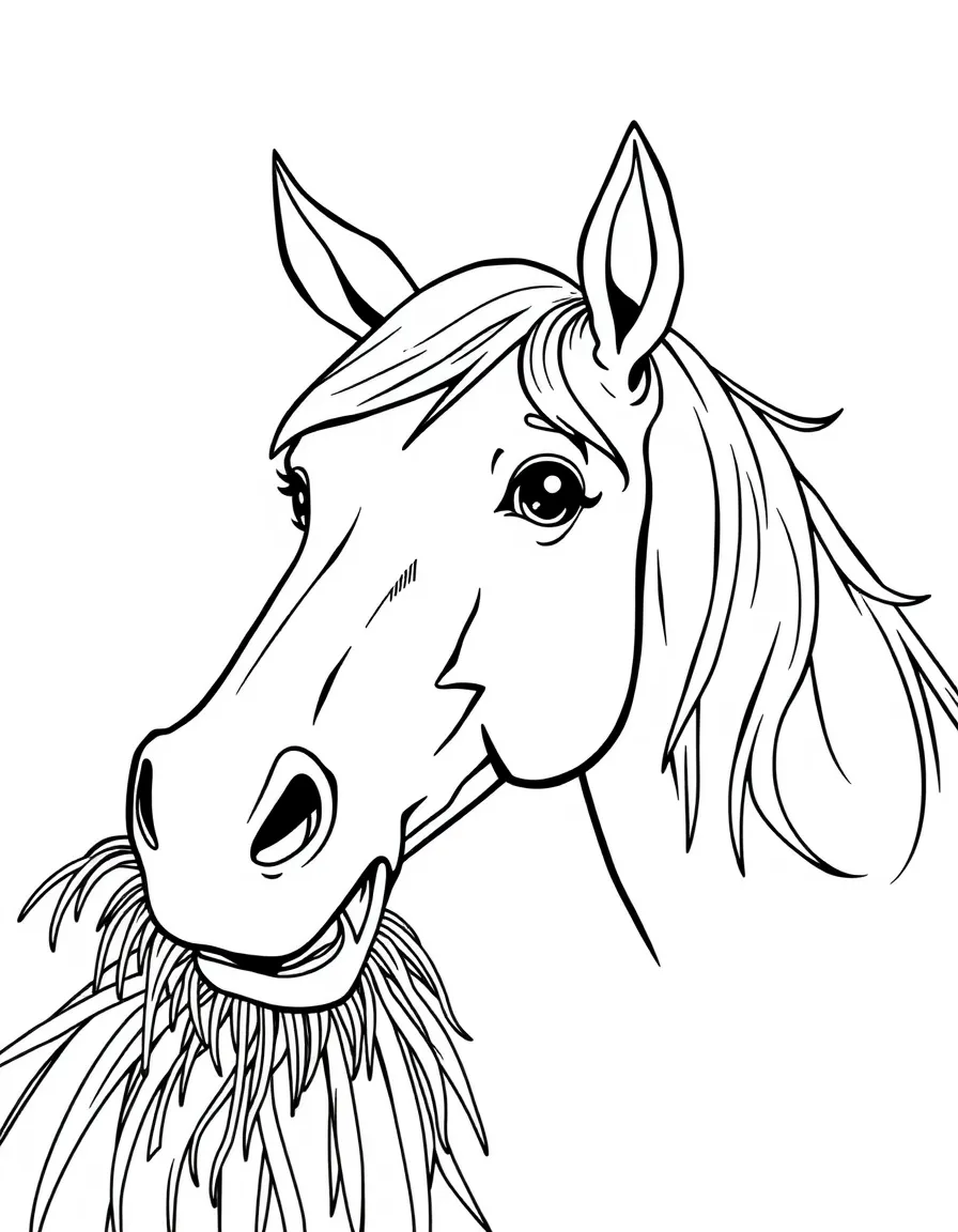 a friendly horse munching hay coloring page