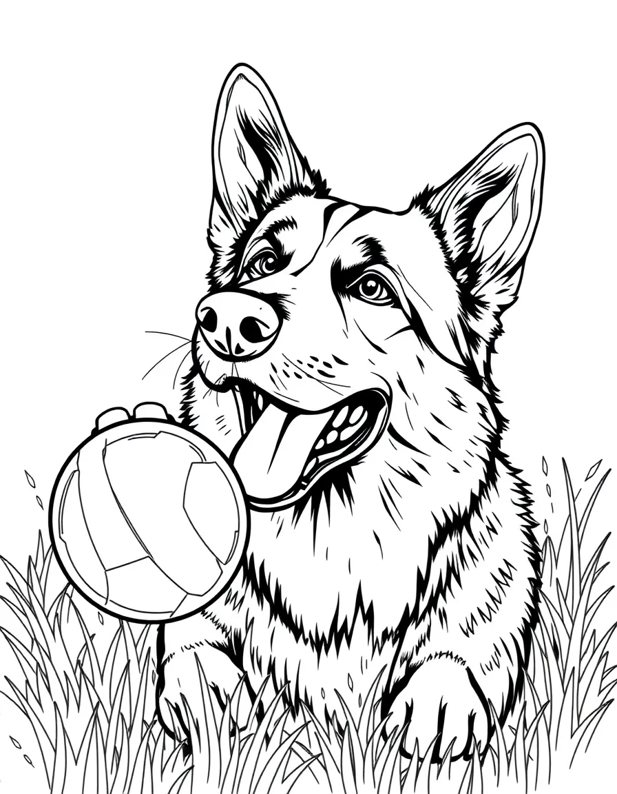 a loyal German Shepherd playing fetch coloring page