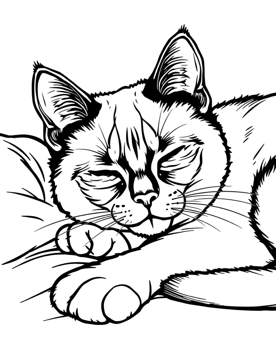 a curious Siamese cat napping coloring page