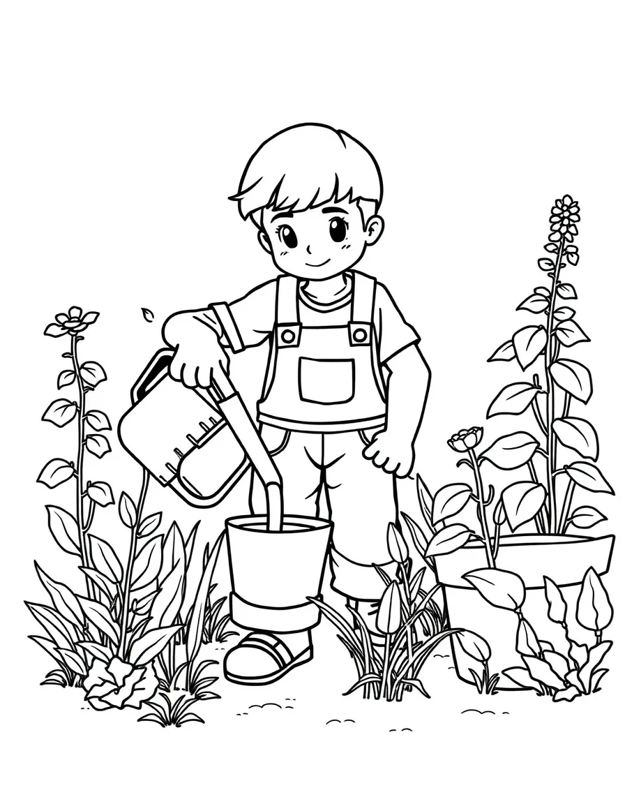 a busy gardener watering plants coloring page