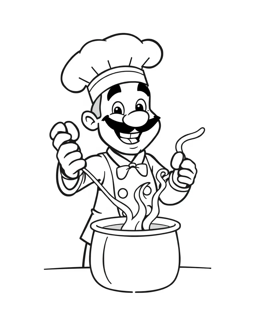 a cheerful chef stirring a pot coloring page