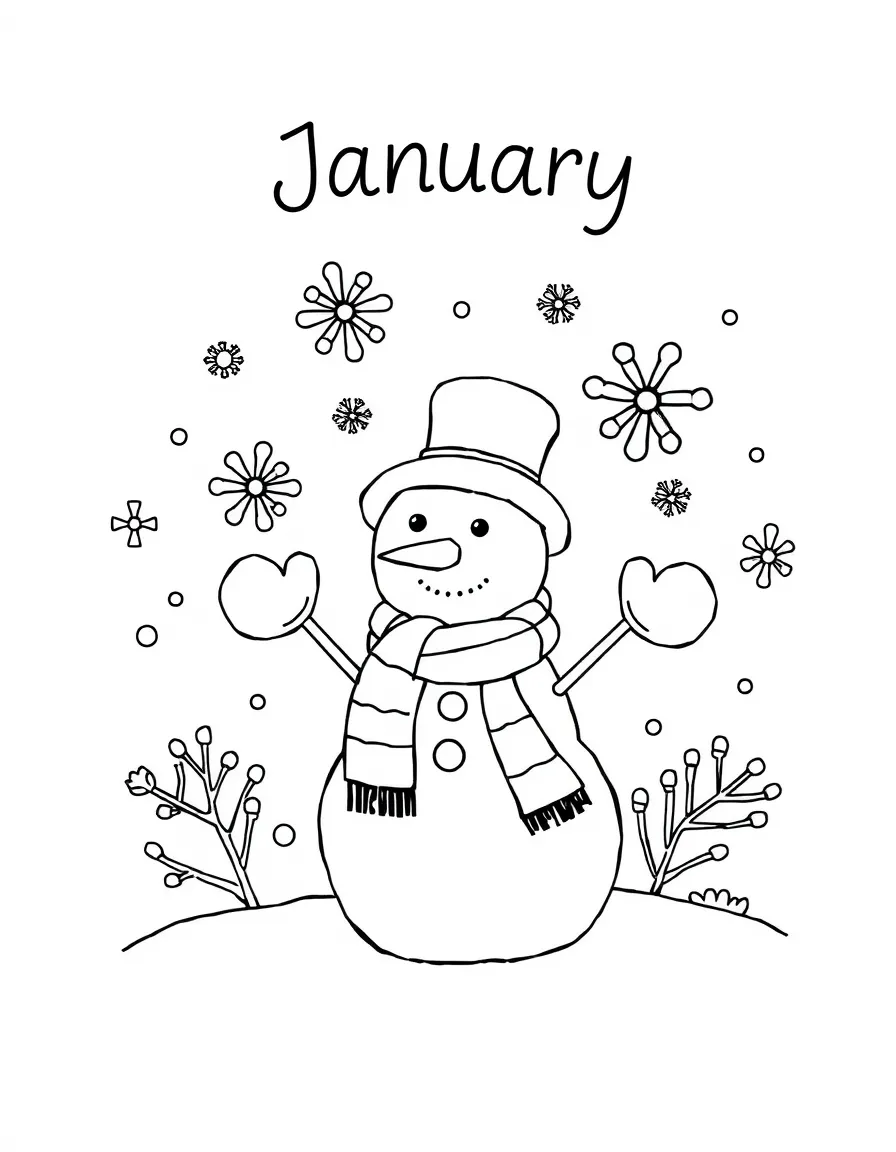 Cheerful coloring page with snowflakes, mittens, and a snowman. Title "January" on the top