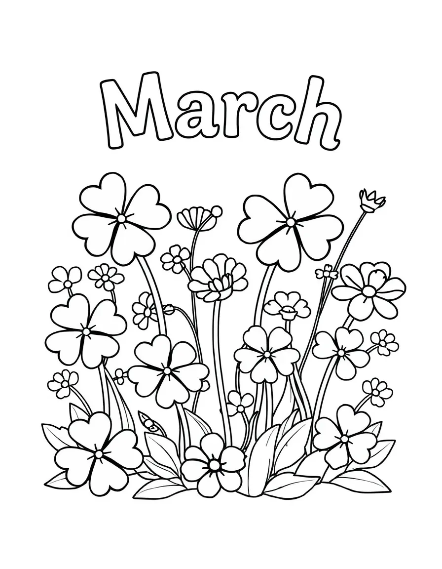 Playful coloring page with shamrocks and flowers. Title "March" on the top