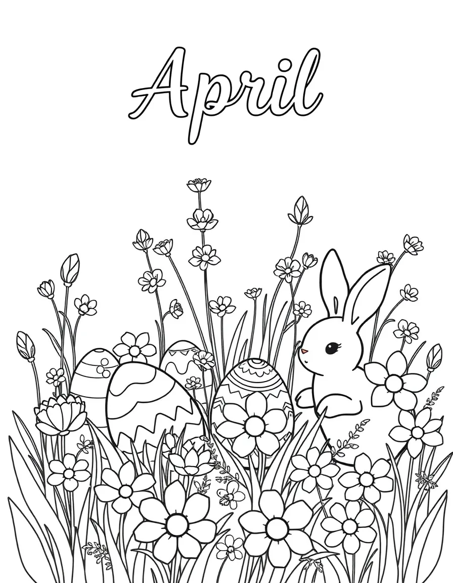 Fresh coloring page with Easter eggs, bunnies, and spring flowers. Title "April" on the top