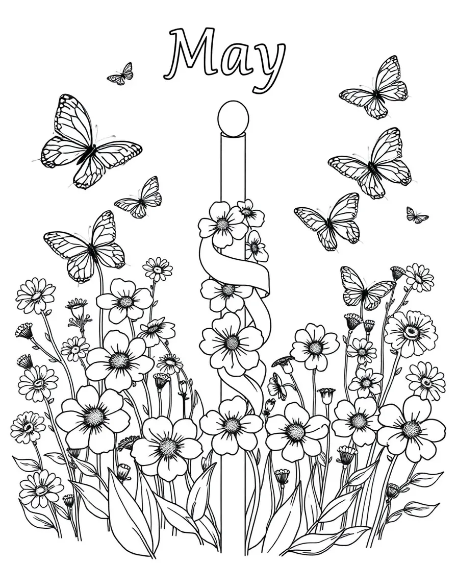 Blooming coloring page with flowers, butterflies, and May pole ribbons. Title "May" on the top