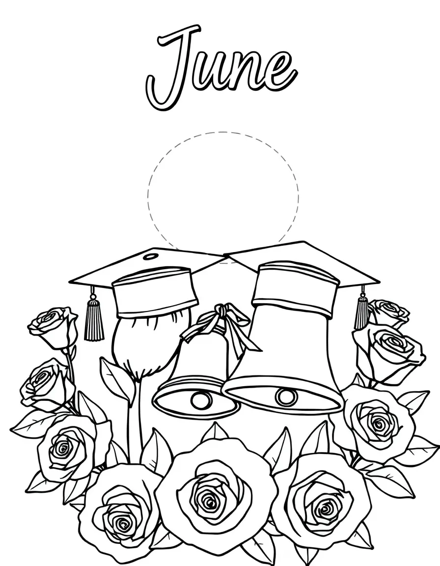 Sunny coloring page with graduation caps, wedding bells, and roses. Title "June" on the top