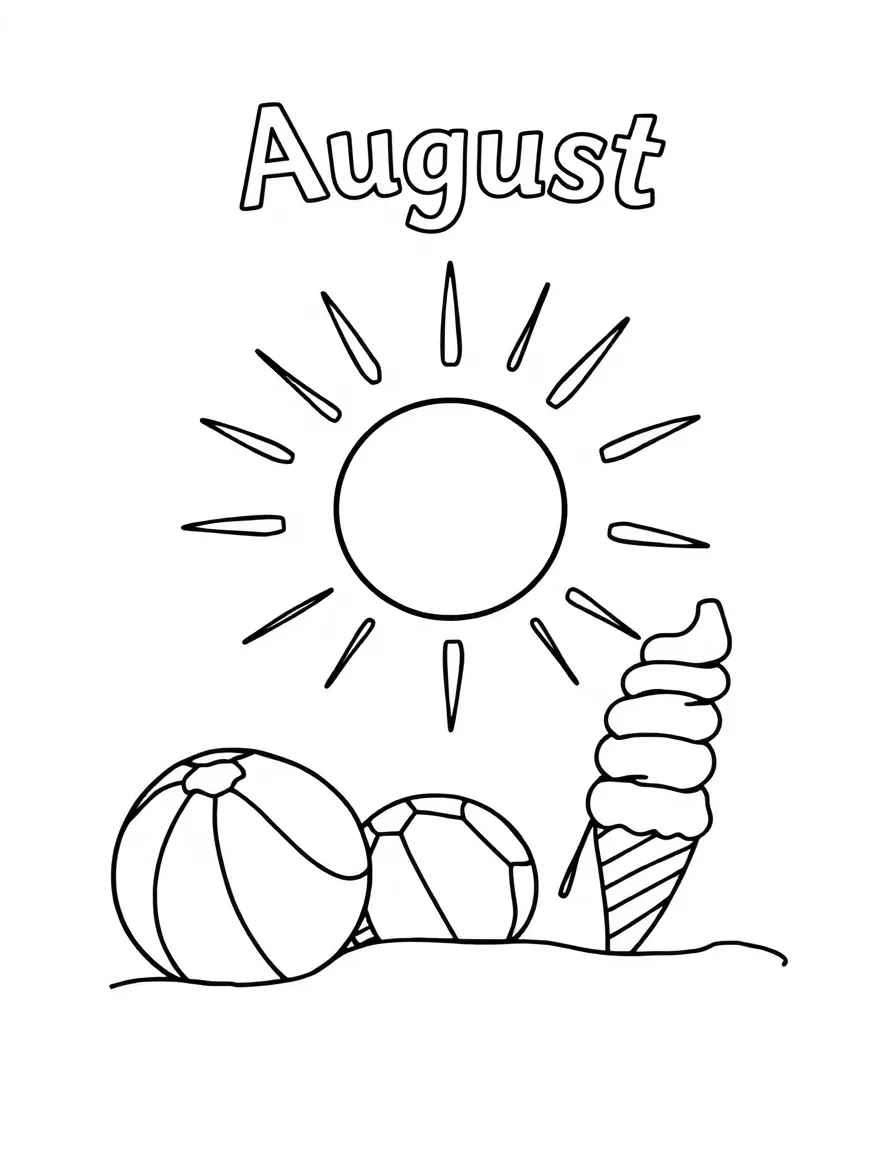 Summery coloring page with sun, beach balls, and ice cream cones. Title "August" on the top