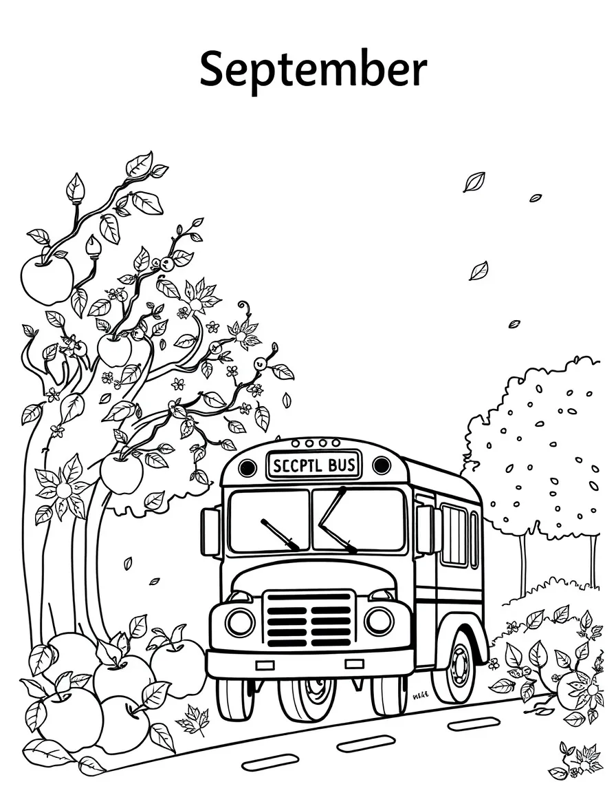 Academic coloring page with apples, school buses, and falling leaves. Title "September" on the top